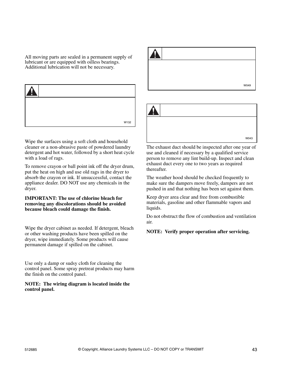 Maintenance, Lubrication care of your dryer, Warning | Lubrication, Care of your dryer | Alliance Laundry Systems 512685R2 User Manual | Page 45 / 50