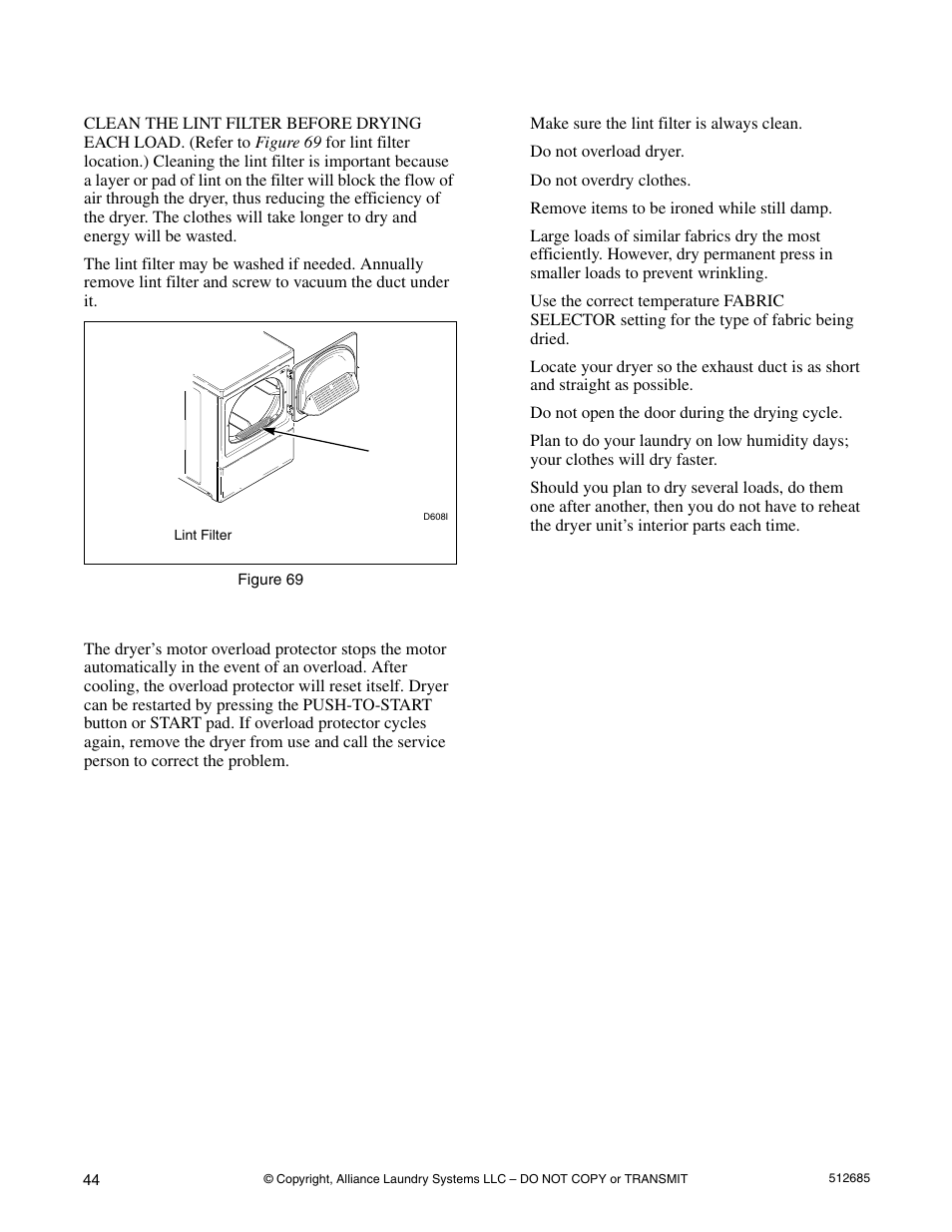 Lint filter, Motor overload protector, For energy conservation | Alliance Laundry Systems 512685R2 User Manual | Page 46 / 50