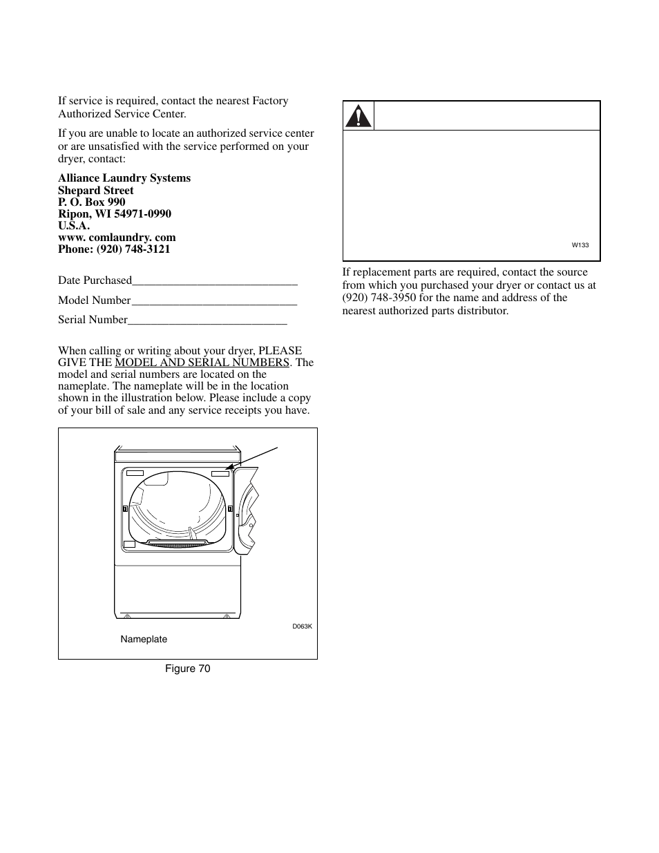 Contact information, Warning | Alliance Laundry Systems 512685R2 User Manual | Page 48 / 50