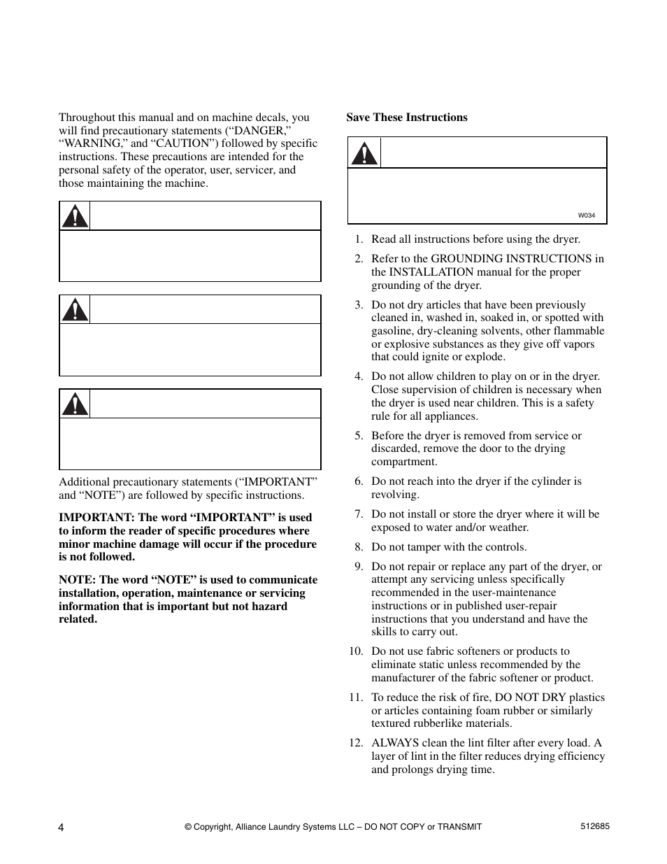 Safety information, Explanation of safety messages, Important safety instructions | Danger, Warning, Caution | Alliance Laundry Systems 512685R2 User Manual | Page 6 / 50