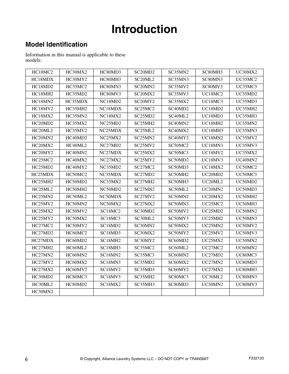 Introduction, Model identification | Alliance Laundry Systems Washer User Manual | Page 10 / 20