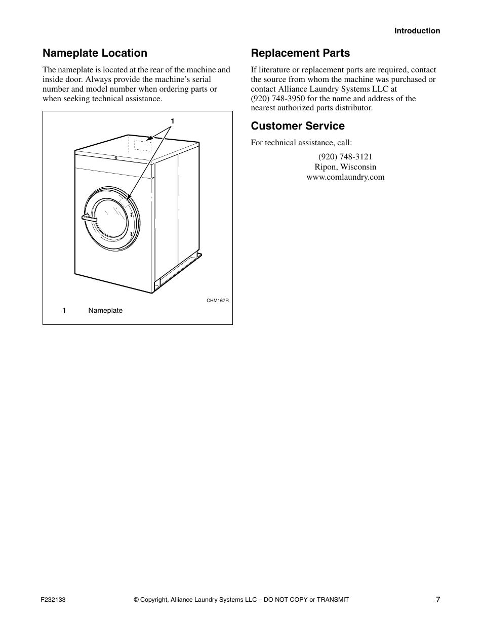 Nameplate location, Replacement parts, Customer service | Alliance Laundry Systems Washer User Manual | Page 11 / 20