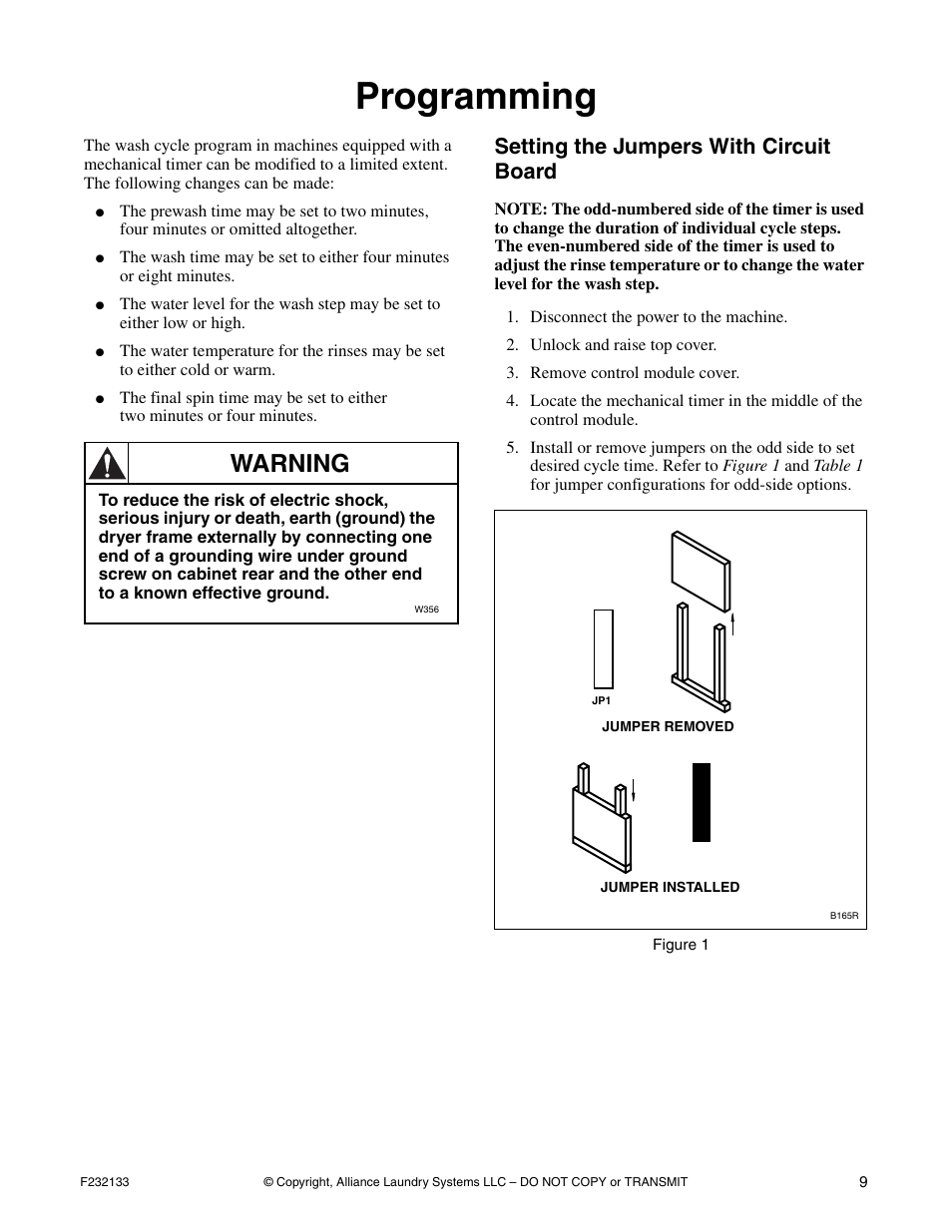 Programming, Setting the jumpers with circuit board, Warning | Alliance Laundry Systems Washer User Manual | Page 13 / 20