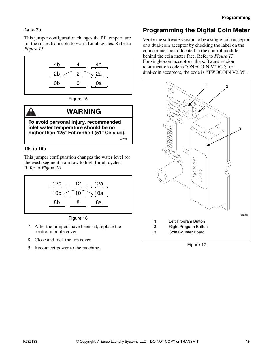 Programming the digital coin meter, Figure 15 and figure 16, Warning | Alliance Laundry Systems Washer User Manual | Page 19 / 20