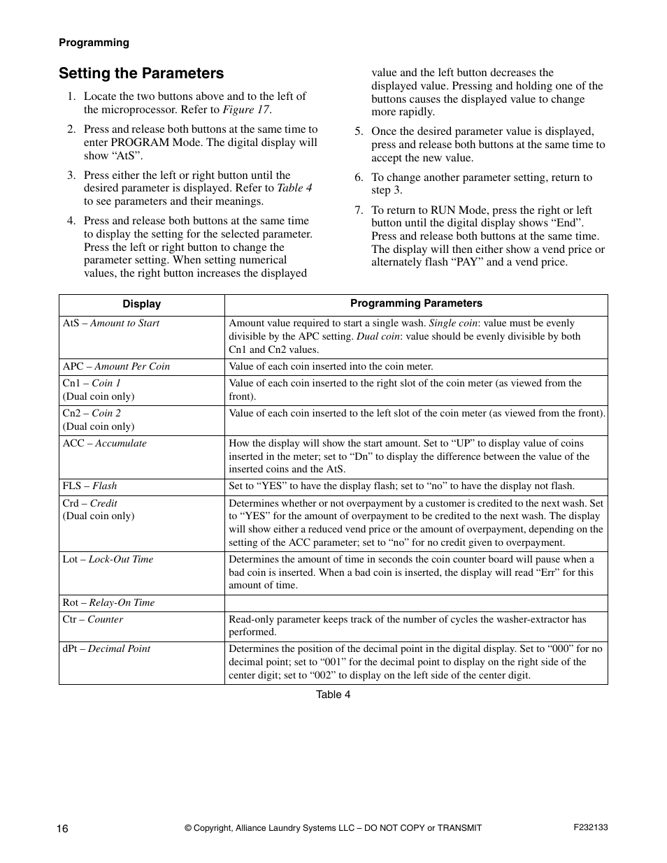 Setting the parameters | Alliance Laundry Systems Washer User Manual | Page 20 / 20