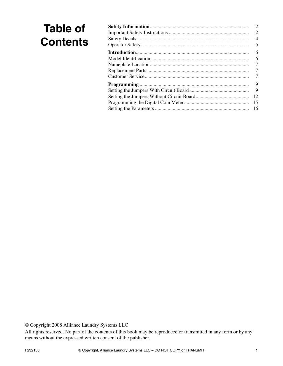 Alliance Laundry Systems Washer User Manual | Page 3 / 20