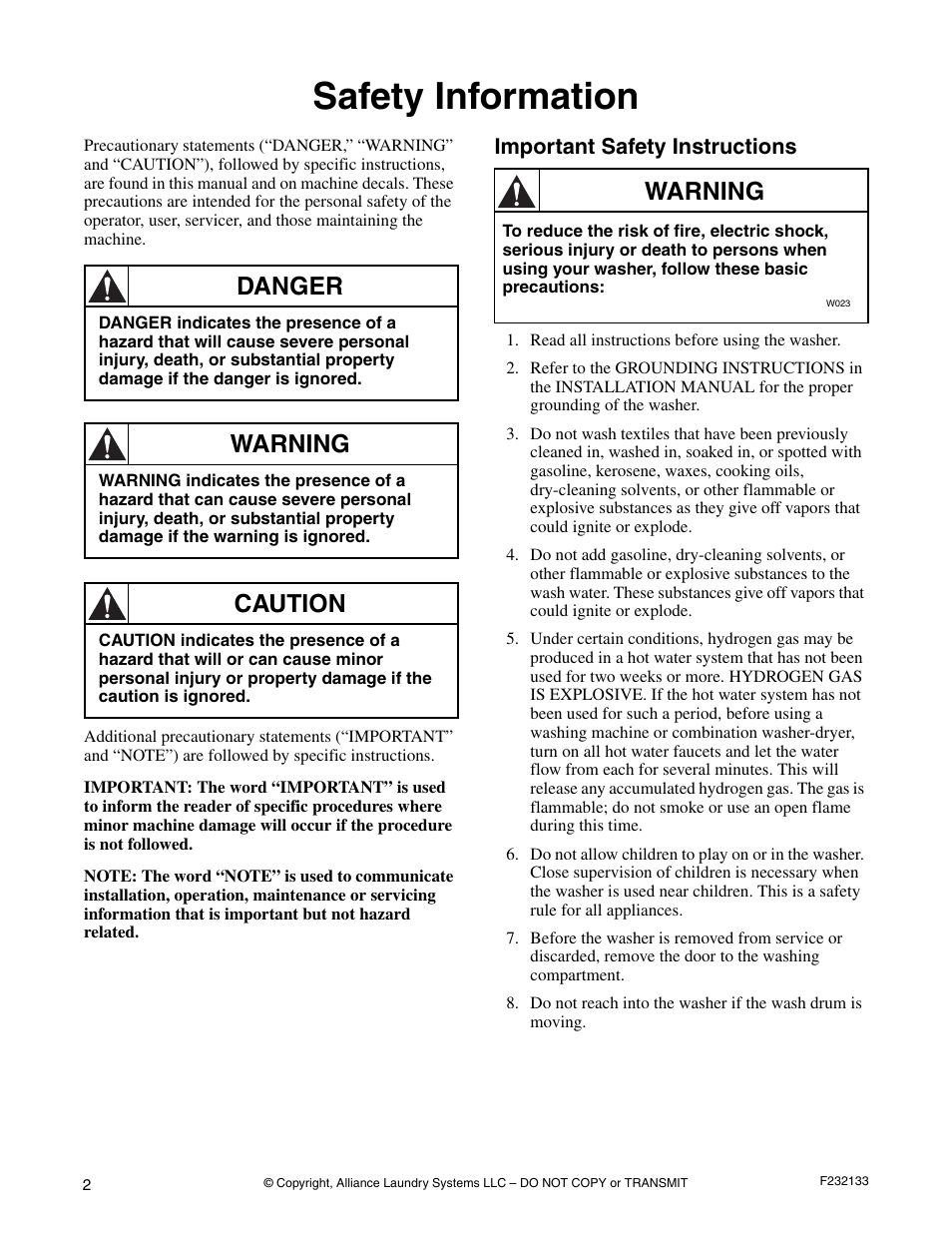 Safety information, Important safety instructions, Danger | Warning, Caution | Alliance Laundry Systems Washer User Manual | Page 6 / 20
