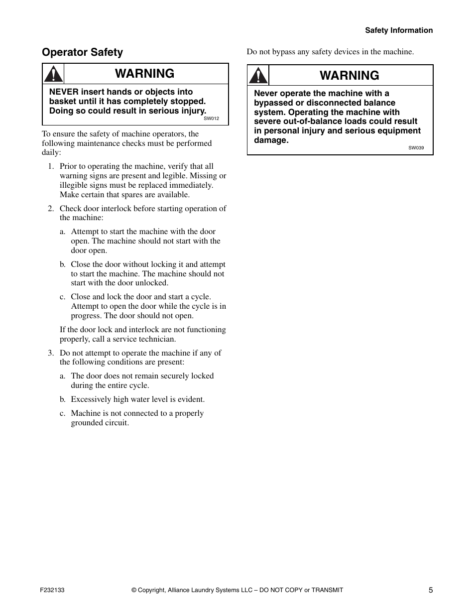 Operator safety, Warning | Alliance Laundry Systems Washer User Manual | Page 9 / 20