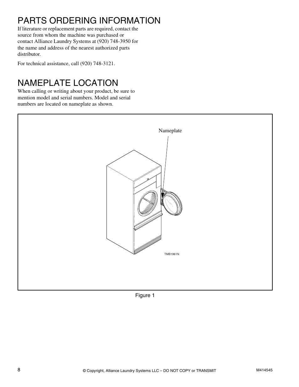 Parts ordering information, Nameplate location | Alliance Laundry Systems 105 User Manual | Page 10 / 144