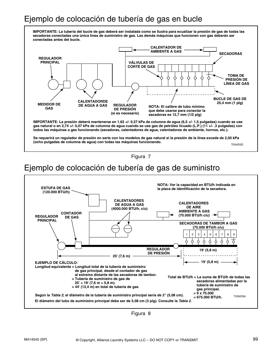 Ejemplo de colocación de tubería de gas en bucle, Figura 7, Figura 8 | Alliance Laundry Systems 105 User Manual | Page 101 / 144