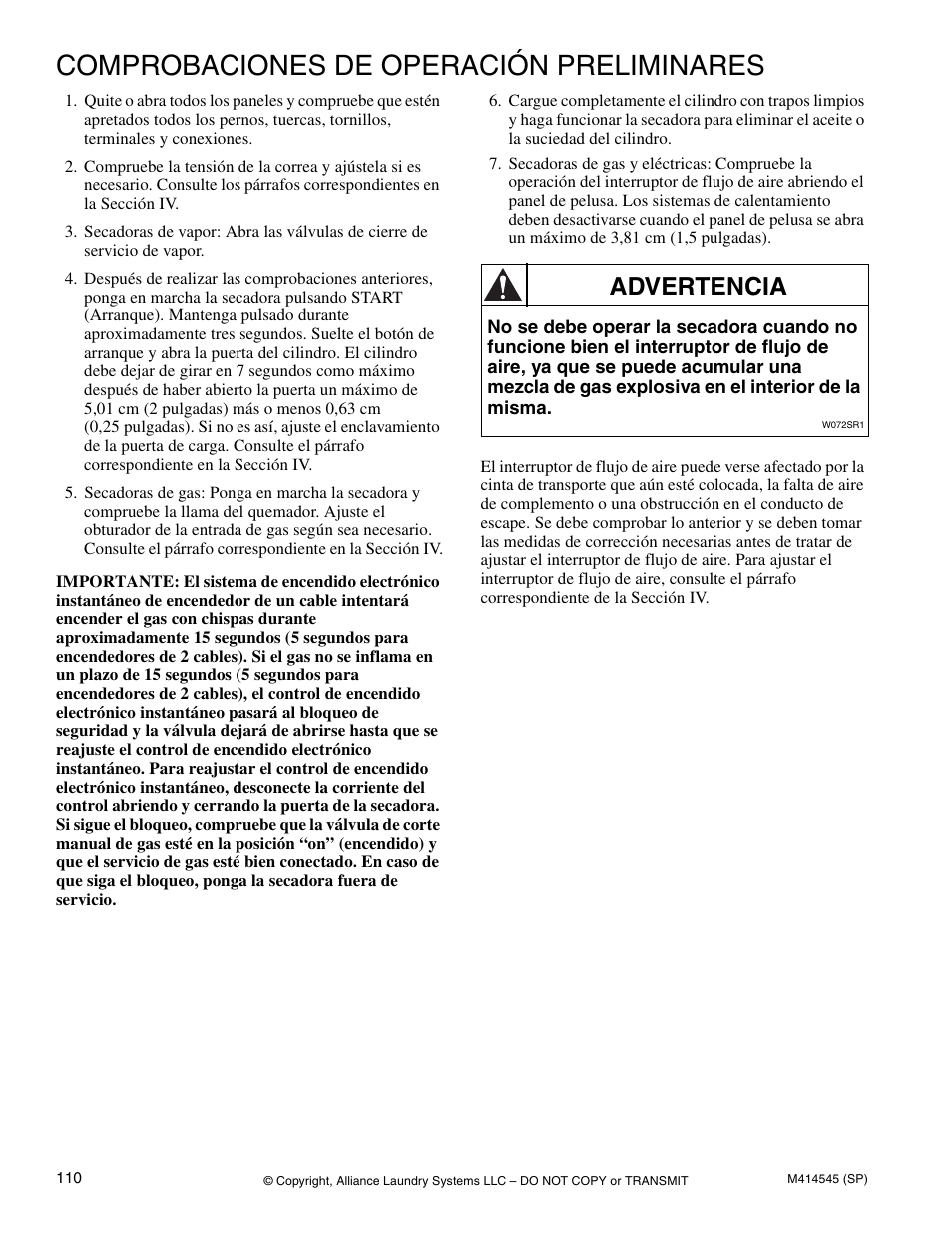 Comprobaciones de operación preliminares, Advertencia | Alliance Laundry Systems 105 User Manual | Page 112 / 144