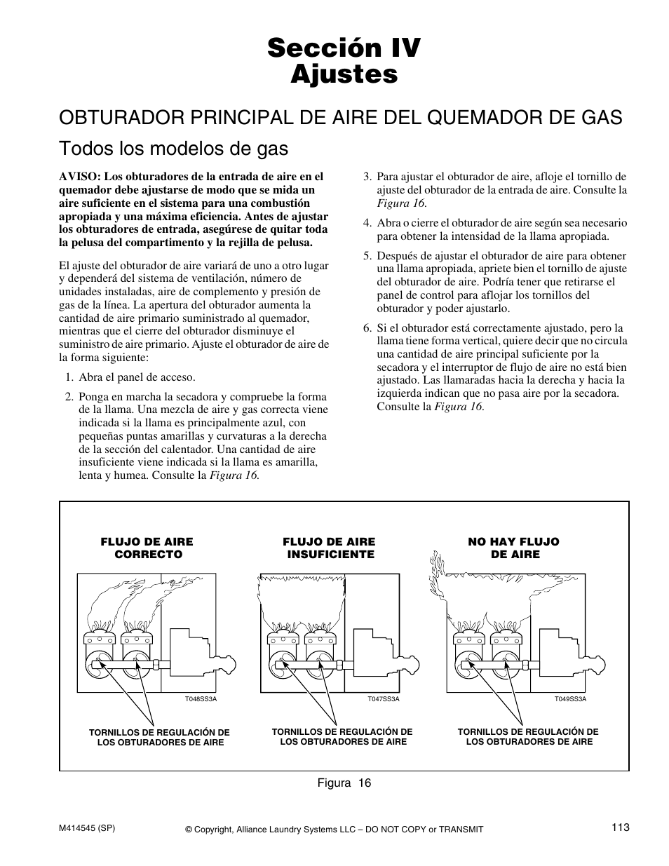 Sección iv ajustes, Obturador principal de aire del quemador de gas, Todos los modelos de gas | Alliance Laundry Systems 105 User Manual | Page 115 / 144