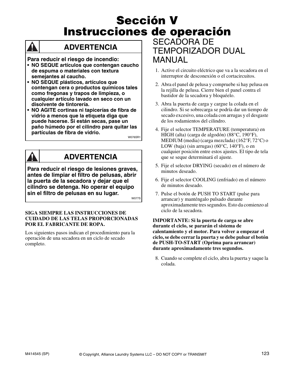 Sección v instrucciones de operación, Secadora de temporizador dual manual, Advertencia | Alliance Laundry Systems 105 User Manual | Page 125 / 144