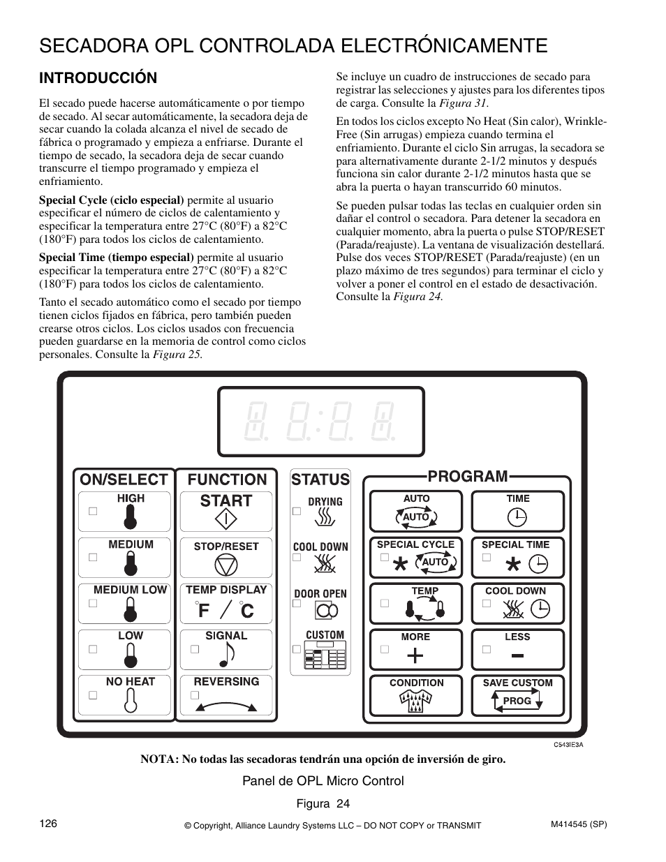 Secadora opl controlada electrónicamente, Introducción | Alliance Laundry Systems 105 User Manual | Page 128 / 144