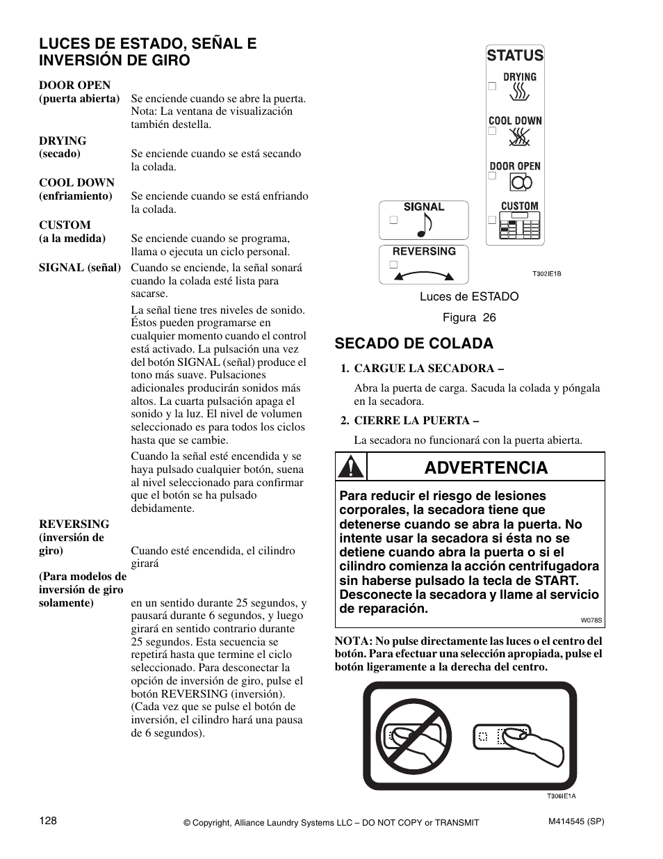 Luces de estado, señal e inversión de giro, Secado de colada, Advertencia | Alliance Laundry Systems 105 User Manual | Page 130 / 144