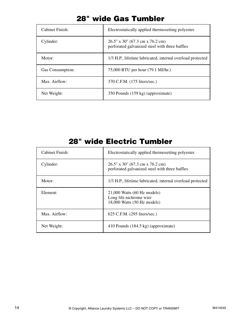 28" wide gas tumbler, 28" wide electric tumbler, 28" wide gas tumbler 28" wide electric tumbler | Alliance Laundry Systems 105 User Manual | Page 16 / 144