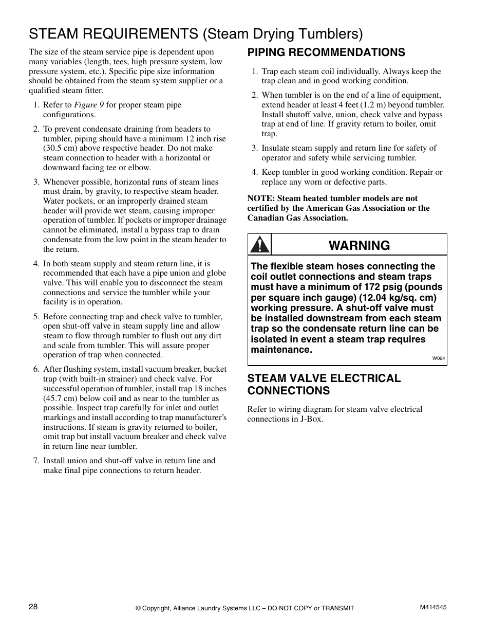 Steam requirements (steam drying tumblers), Piping recommendations, Steam valve electrical connections | Warning | Alliance Laundry Systems 105 User Manual | Page 30 / 144