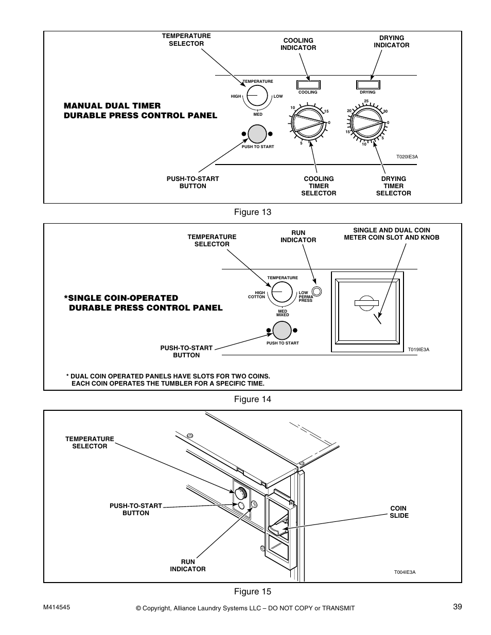 Manual dual timer durable press control panel, Single coin-operated durable press control panel | Alliance Laundry Systems 105 User Manual | Page 41 / 144