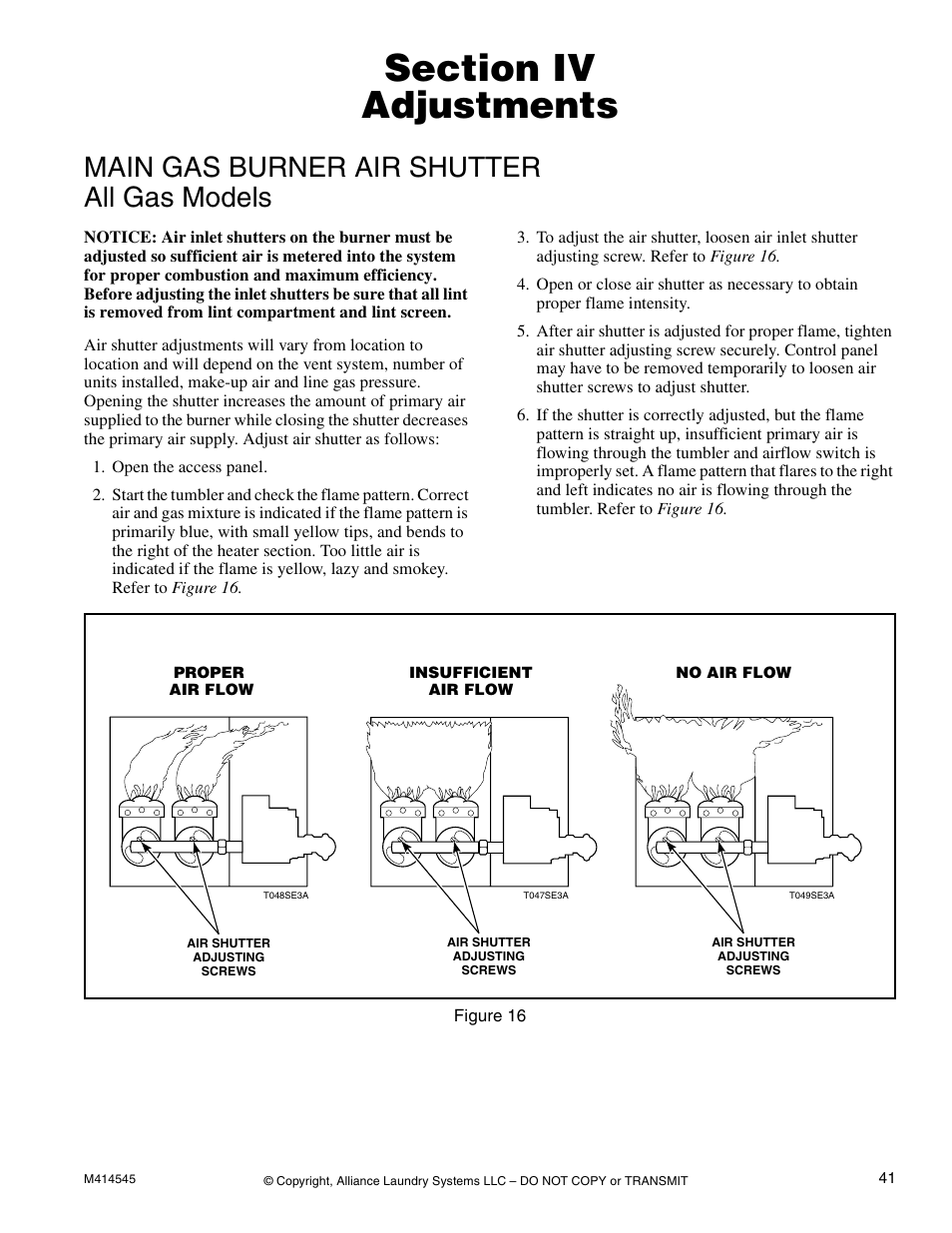 Section iv adjustments, Main gas burner air shutter all gas models, Section iv | Adjustments | Alliance Laundry Systems 105 User Manual | Page 43 / 144