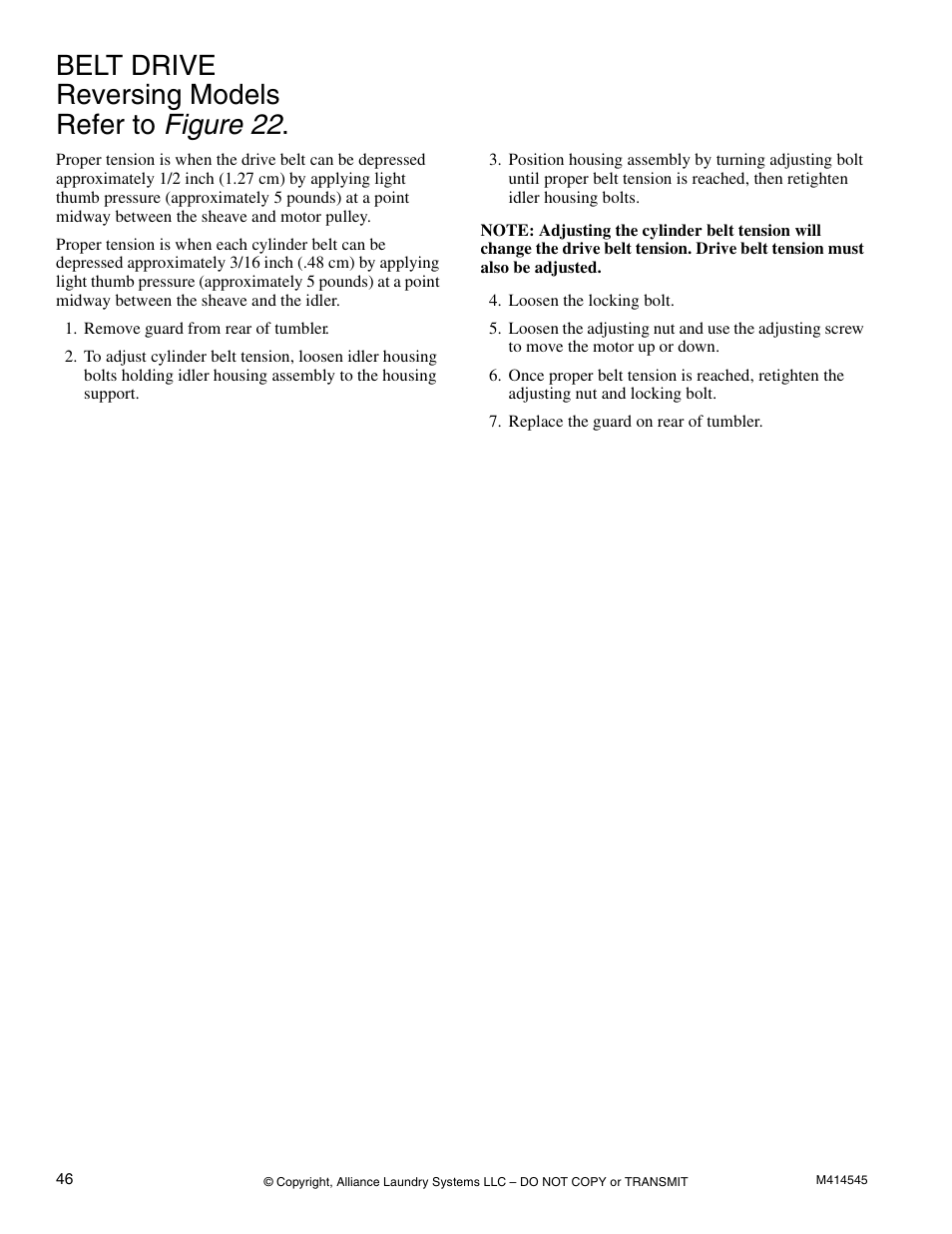 Belt drive reversing models refer to figure22, Belt drive reversing models, Belt drive reversing models refer to figure 22 | Alliance Laundry Systems 105 User Manual | Page 48 / 144