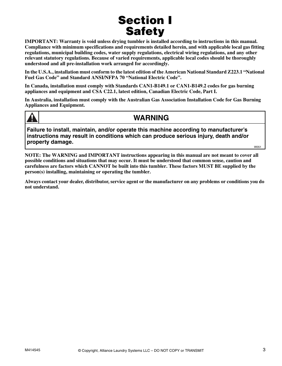 Section i safety, Section i, Safety | Warning | Alliance Laundry Systems 105 User Manual | Page 5 / 144