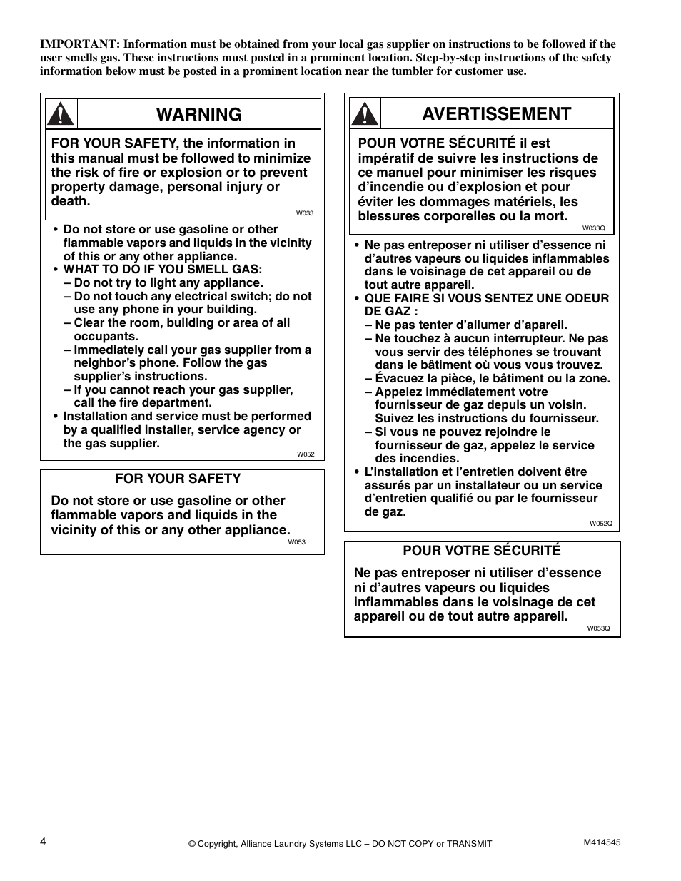 Warning, Avertissement | Alliance Laundry Systems 105 User Manual | Page 6 / 144