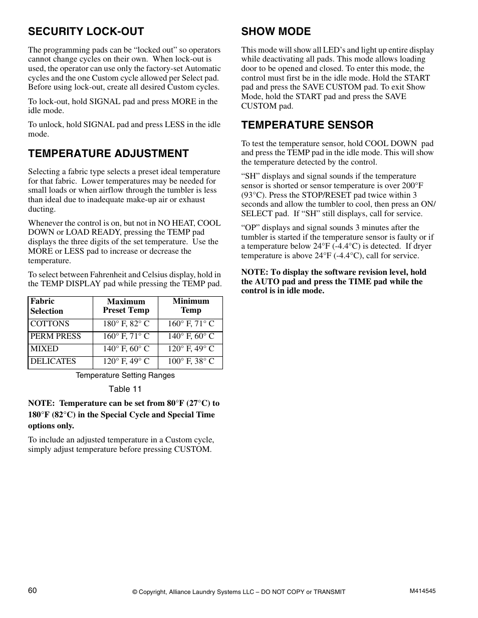 Security lock-out, Temperature adjustment, Show mode | Temperature sensor | Alliance Laundry Systems 105 User Manual | Page 62 / 144