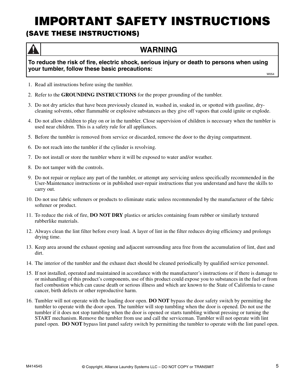 Important safety instructions, Warning, Save these instructions) | Alliance Laundry Systems 105 User Manual | Page 7 / 144