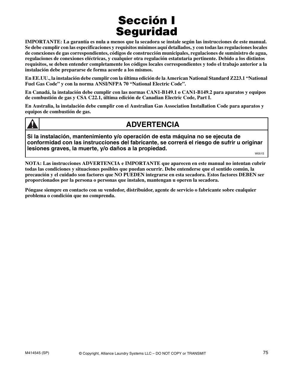 Sección i seguridad, Advertencia | Alliance Laundry Systems 105 User Manual | Page 77 / 144