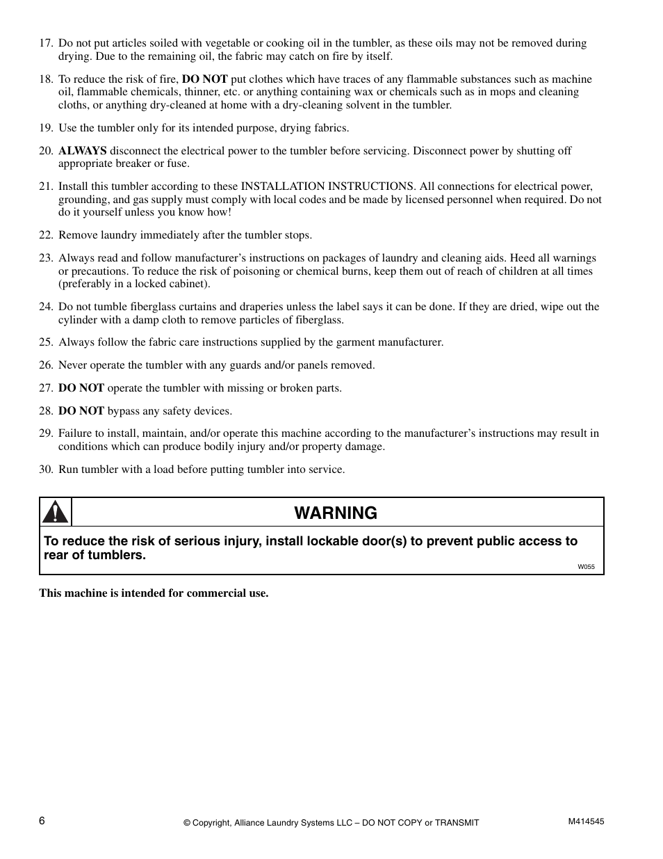 Warning | Alliance Laundry Systems 105 User Manual | Page 8 / 144