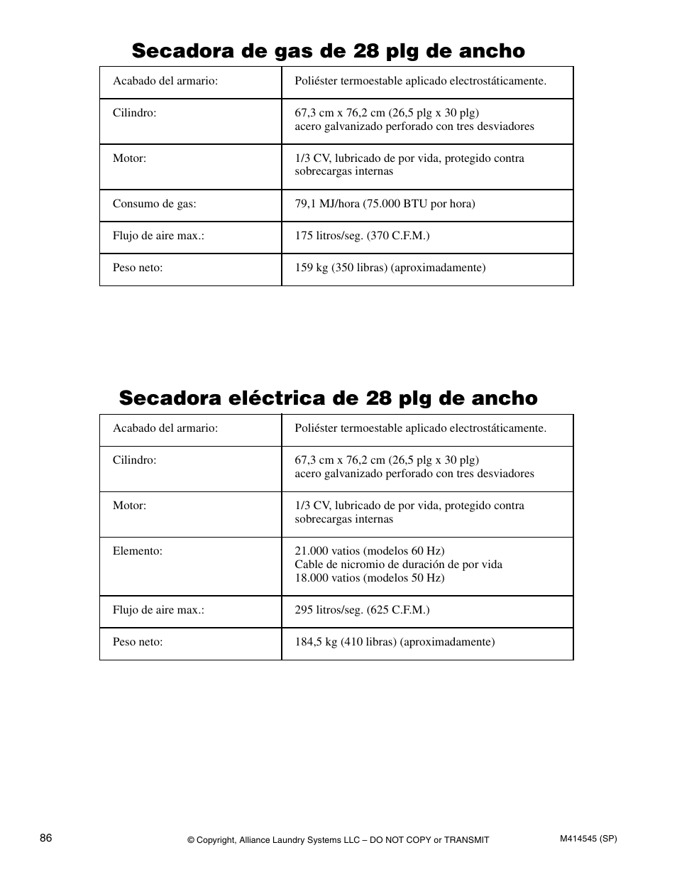 Secadora de gas de 28 plg de ancho, Secadora eléctrica de 28 plg de ancho | Alliance Laundry Systems 105 User Manual | Page 88 / 144