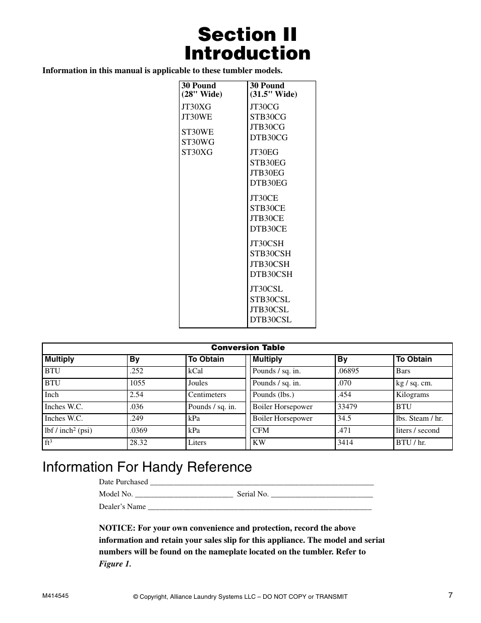 Section ii introduction, Information for handy reference, Section ii | Introduction | Alliance Laundry Systems 105 User Manual | Page 9 / 144