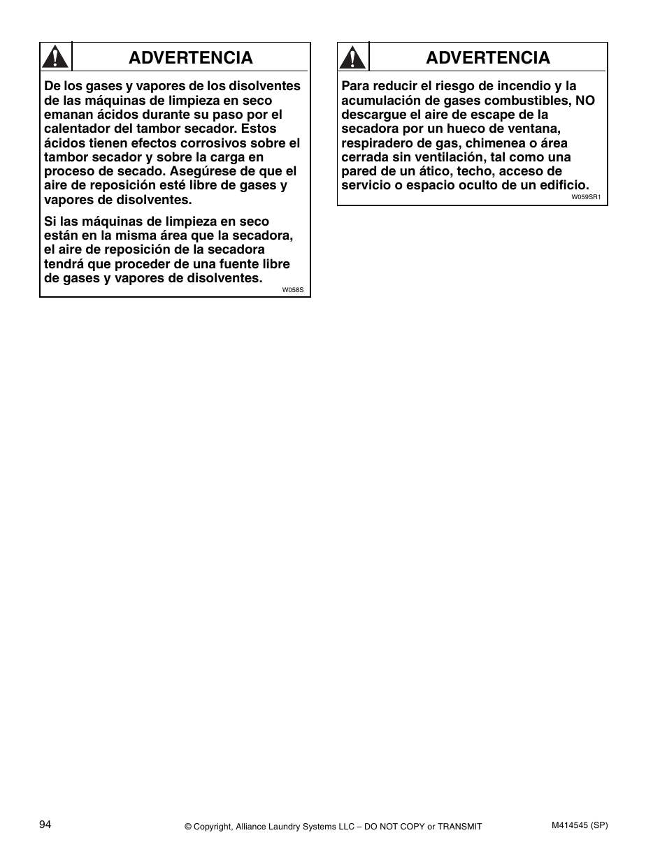 Advertencia | Alliance Laundry Systems 105 User Manual | Page 96 / 144