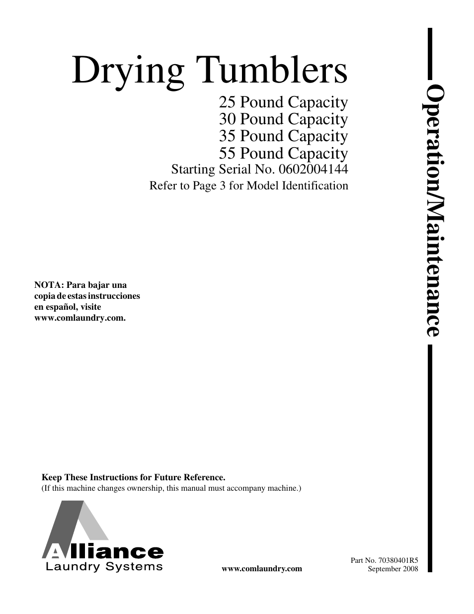 Alliance Laundry Systems 35 Pound Capacity User Manual | 28 pages
