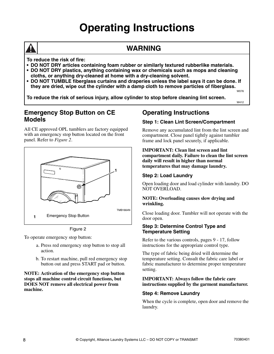 Operating instructions, Emergency stop button on ce models, Warning | Alliance Laundry Systems 35 Pound Capacity User Manual | Page 10 / 28