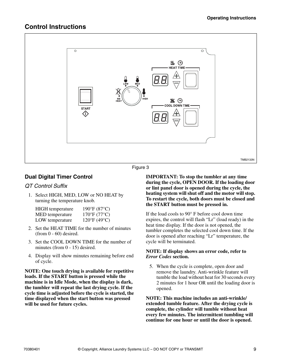 Control instructions, Dual digital timer control | Alliance Laundry Systems 35 Pound Capacity User Manual | Page 11 / 28