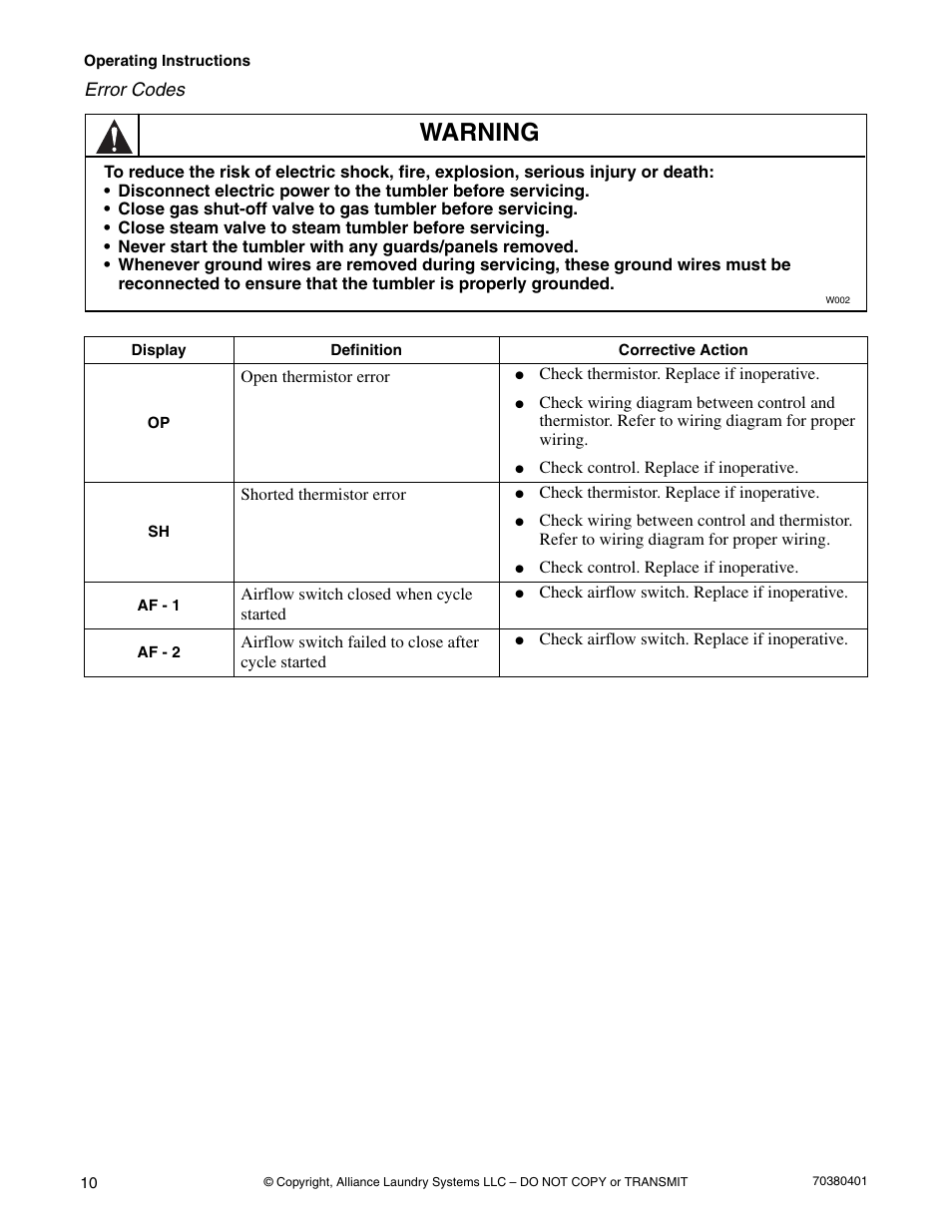 Warning | Alliance Laundry Systems 35 Pound Capacity User Manual | Page 12 / 28
