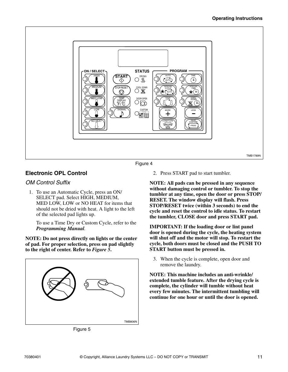 Electronic opl control, Electronic opl control om control suffix | Alliance Laundry Systems 35 Pound Capacity User Manual | Page 13 / 28