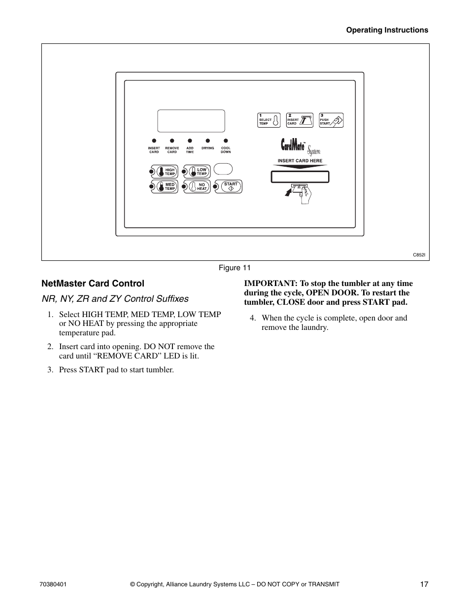 Netmaster card control | Alliance Laundry Systems 35 Pound Capacity User Manual | Page 19 / 28