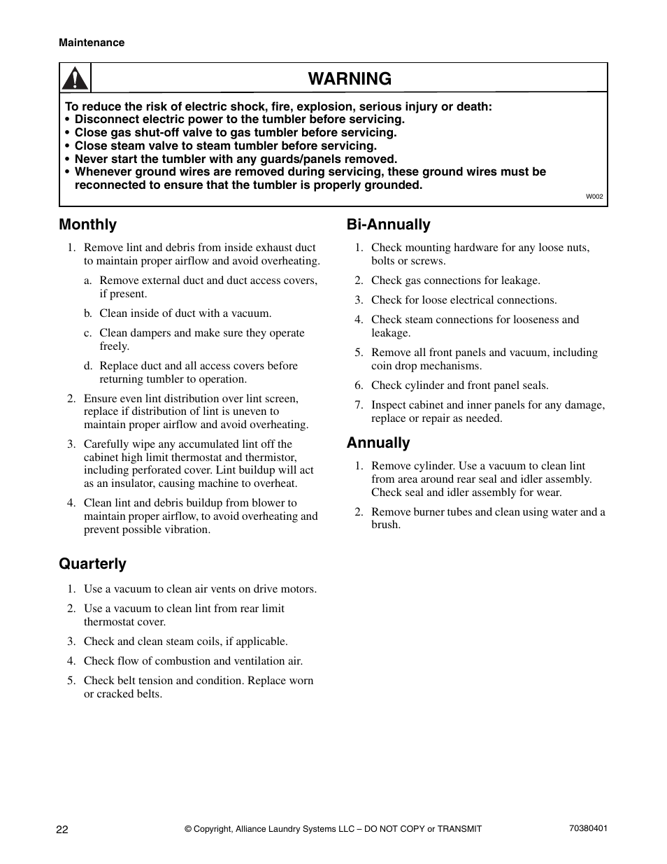Monthly quarterly bi-annually annually, Warning, Monthly | Quarterly, Bi-annually, Annually | Alliance Laundry Systems 35 Pound Capacity User Manual | Page 24 / 28