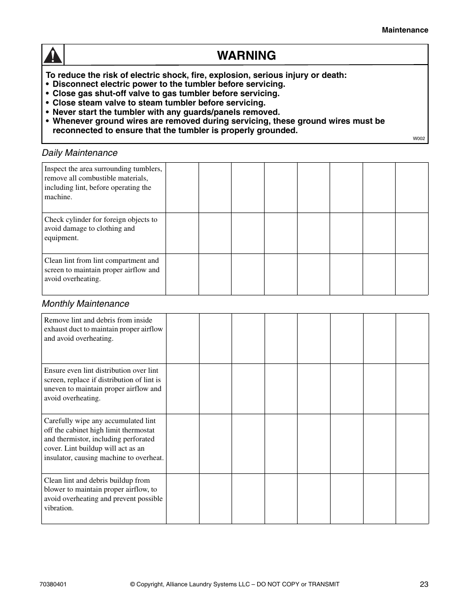 Warning | Alliance Laundry Systems 35 Pound Capacity User Manual | Page 25 / 28