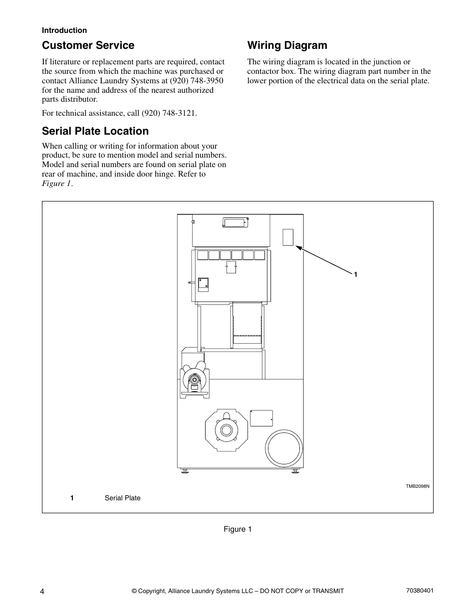 Customer service, Wiring diagram, Serial plate location | Alliance Laundry Systems 35 Pound Capacity User Manual | Page 6 / 28