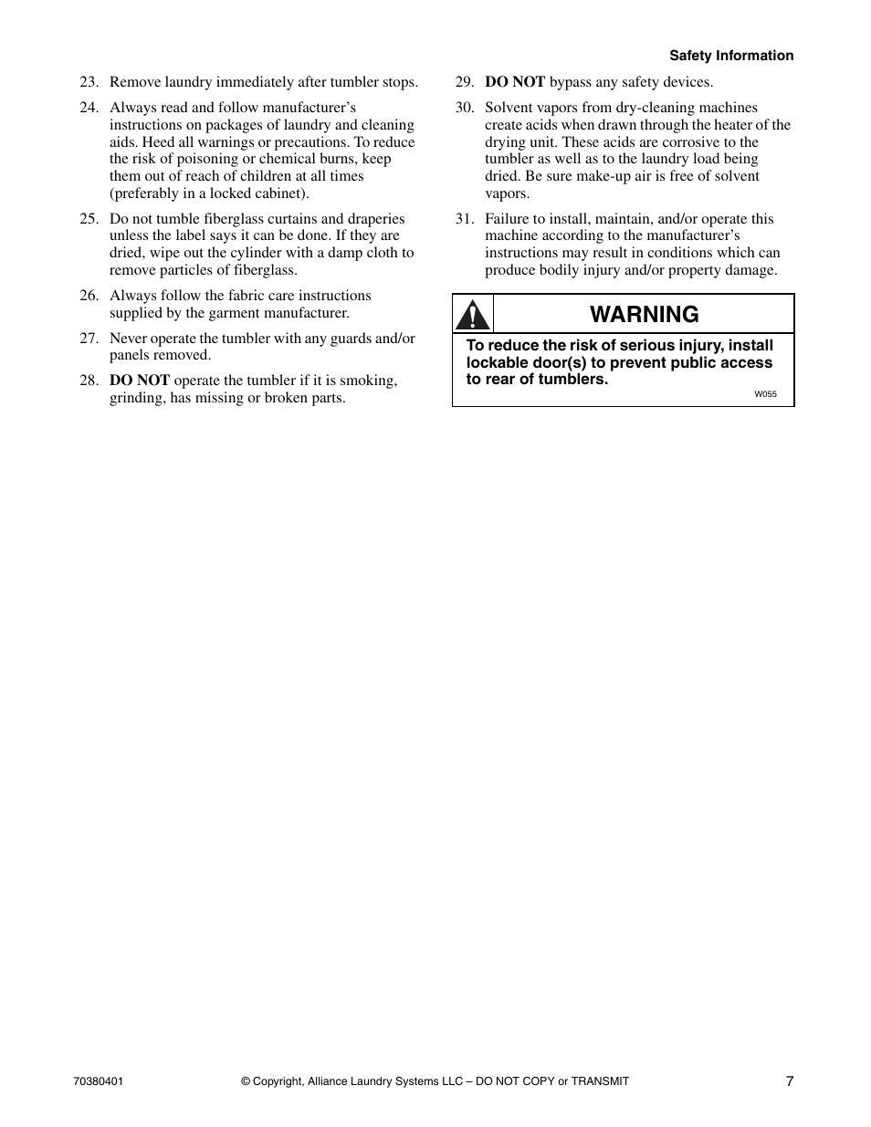 Warning | Alliance Laundry Systems 35 Pound Capacity User Manual | Page 9 / 28