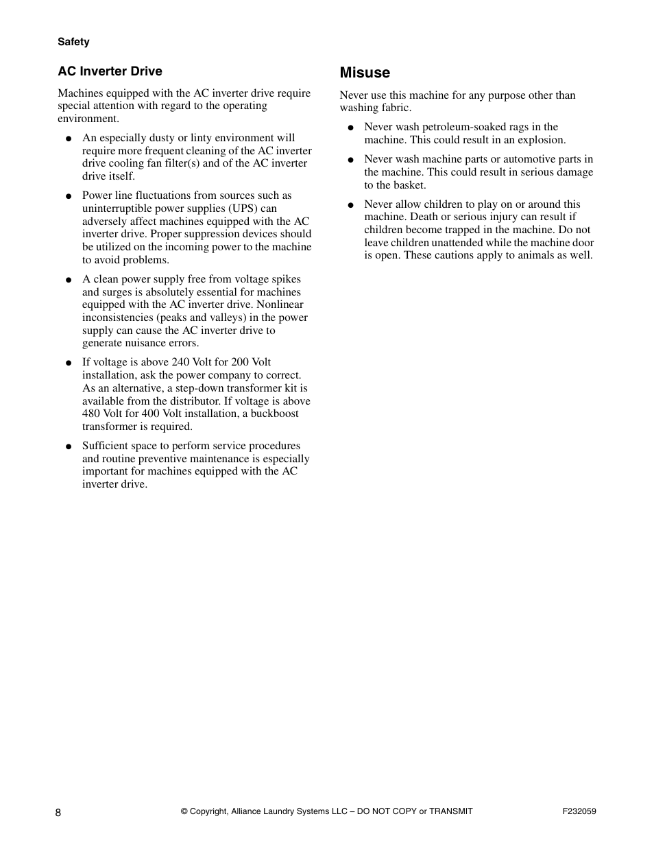 Misuse, Ac inverter drive | Alliance Laundry Systems UF35PV User Manual | Page 10 / 162