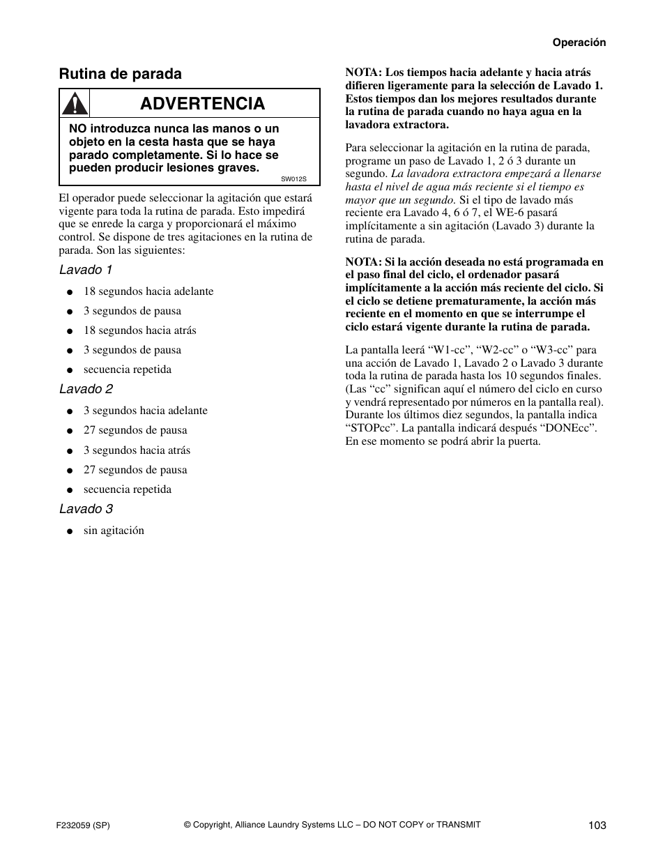 Advertencia, Rutina de parada | Alliance Laundry Systems UF35PV User Manual | Page 105 / 162