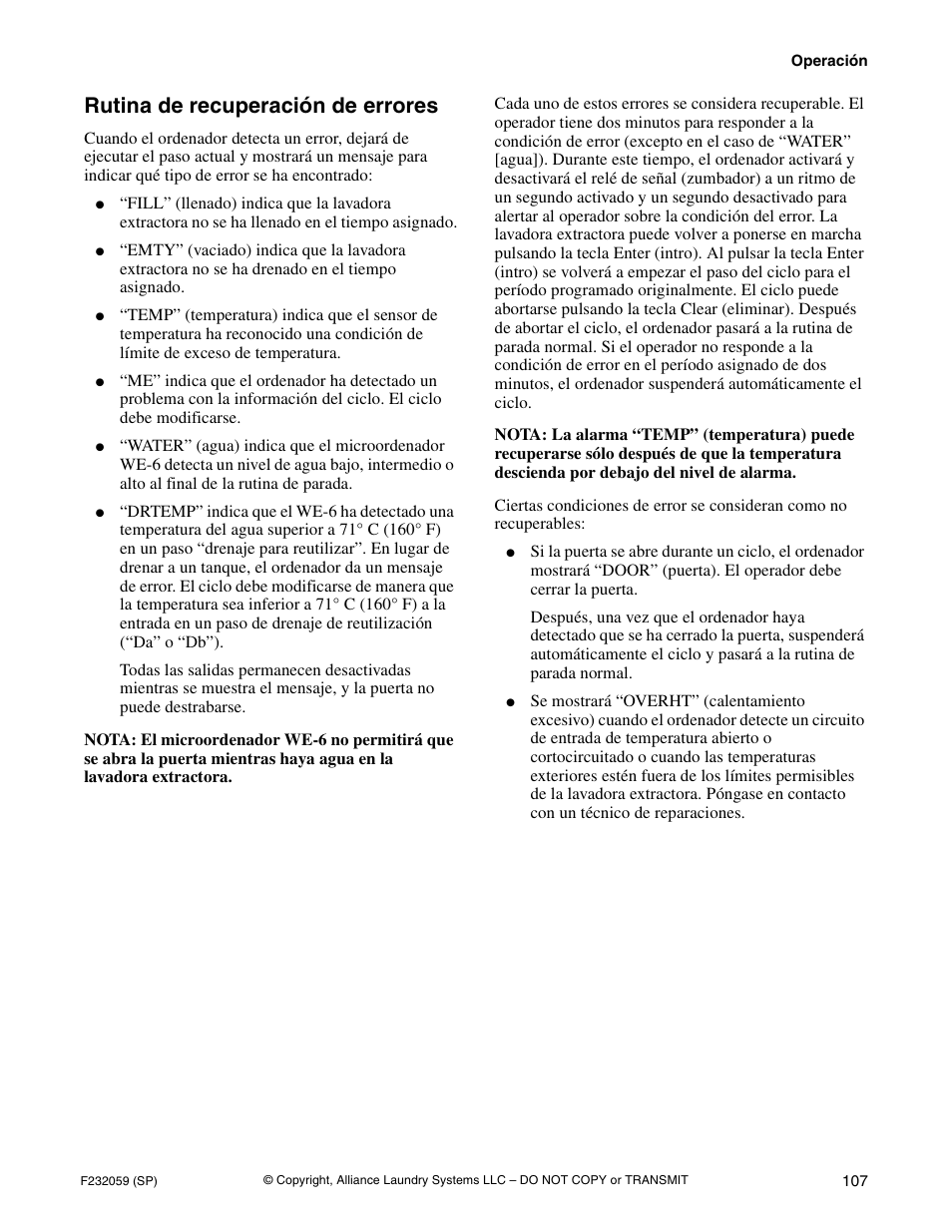 Rutina de recuperación de errores | Alliance Laundry Systems UF35PV User Manual | Page 109 / 162