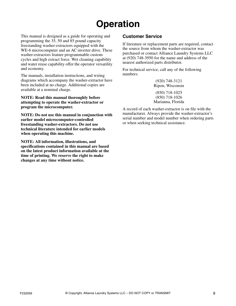 Operation | Alliance Laundry Systems UF35PV User Manual | Page 11 / 162