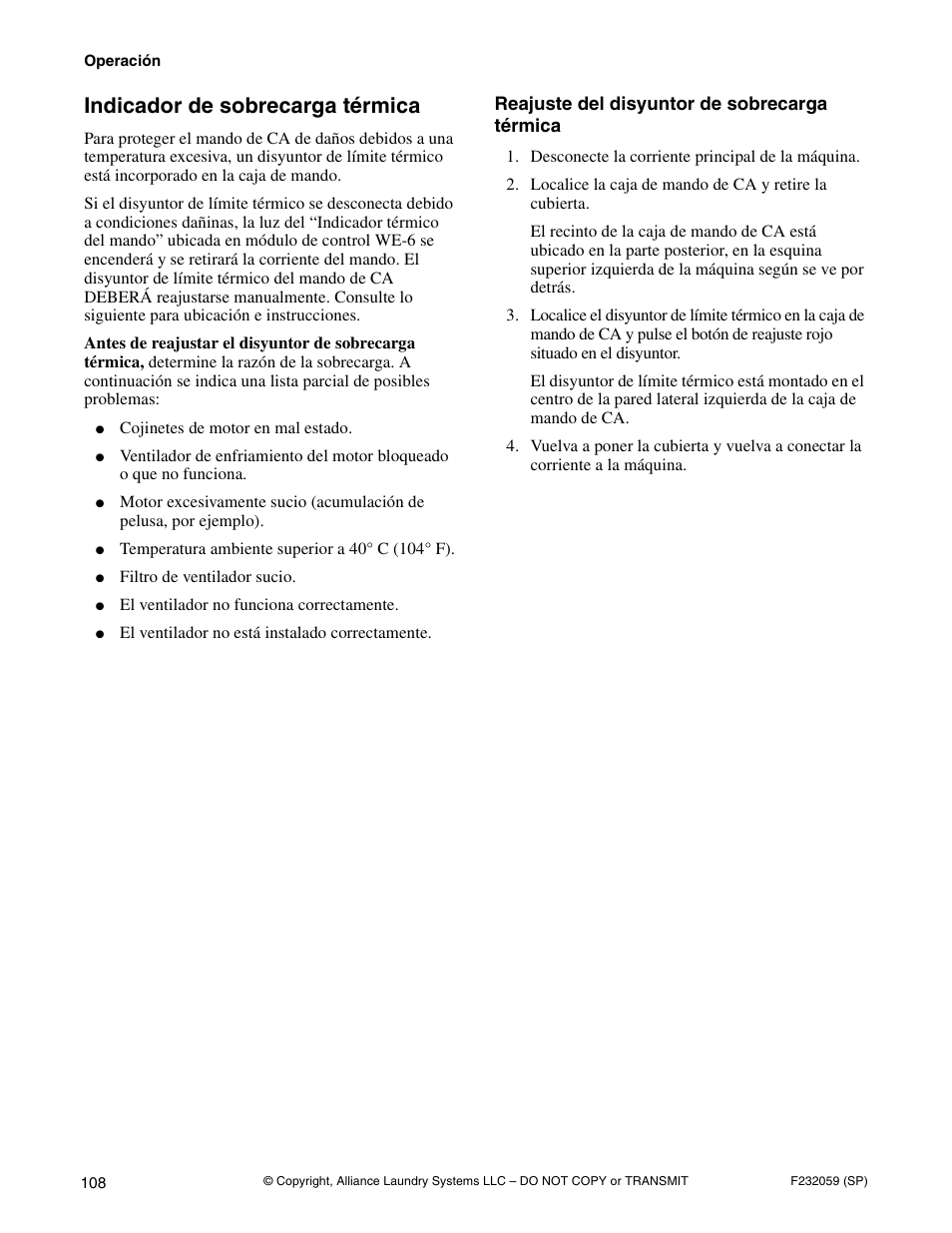 Indicador de sobrecarga térmica | Alliance Laundry Systems UF35PV User Manual | Page 110 / 162