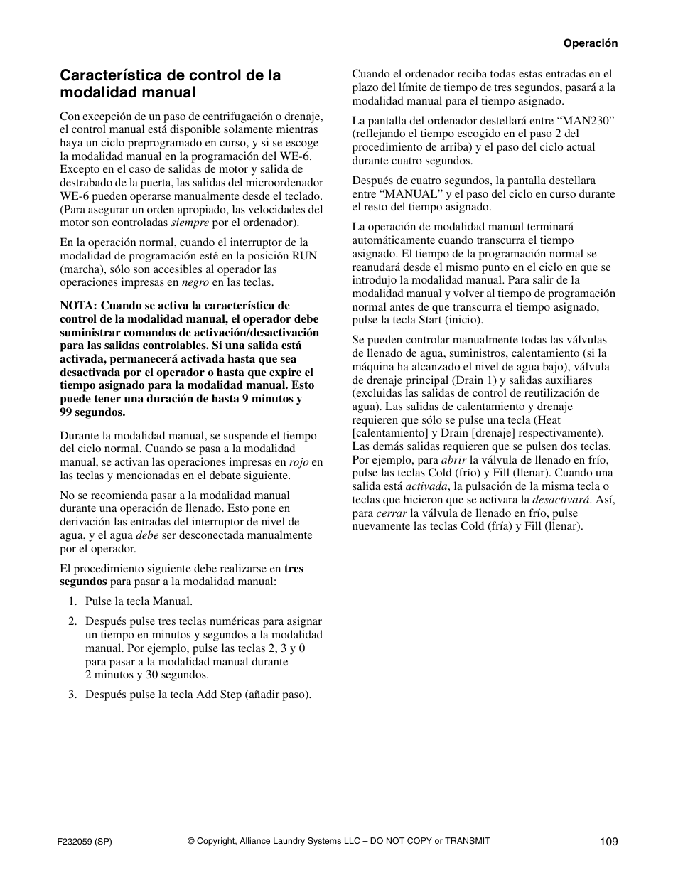 Característica de control de la modalidad manual | Alliance Laundry Systems UF35PV User Manual | Page 111 / 162