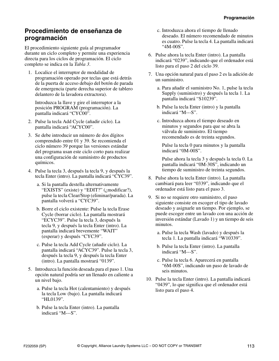 Procedimiento de enseñanza de programación | Alliance Laundry Systems UF35PV User Manual | Page 115 / 162